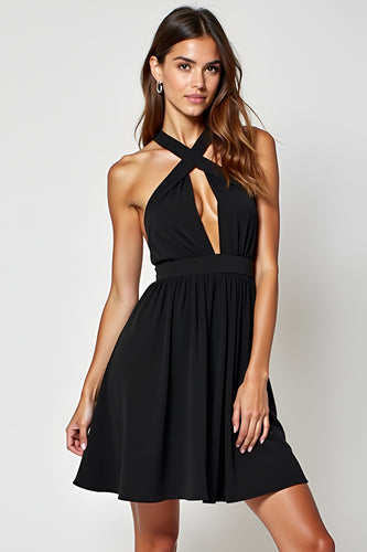 Black A Line Cross Straps Neckline Halter Short Graduation Dress