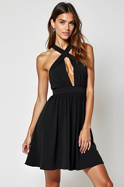 Black A Line Cross Straps Neckline Halter Short Graduation Dress