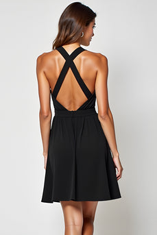 Black A Line Cross Straps Neckline Halter Short Graduation Dress