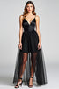 Load image into Gallery viewer, Black A Line Tulle V-Neck Long Satin Graduation Dress