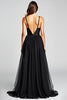 Load image into Gallery viewer, Black A Line Tulle V-Neck Long Satin Graduation Dress