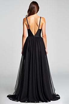 Black A Line Tulle V-Neck Long Satin Graduation Dress