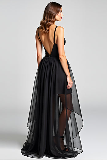 Black A Line Tulle V-Neck Long Satin Graduation Dress