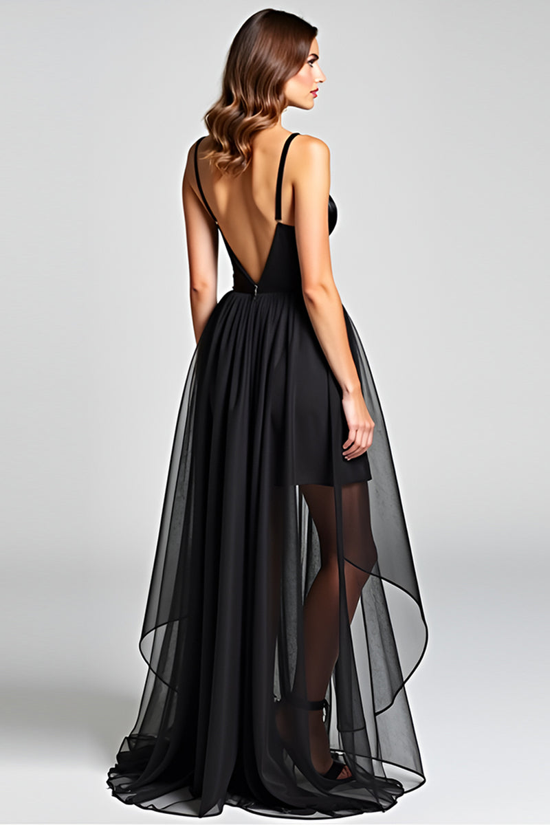 Load image into Gallery viewer, Black A Line Tulle V-Neck Long Satin Graduation Dress