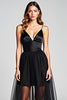 Load image into Gallery viewer, Black A Line Tulle V-Neck Long Satin Graduation Dress