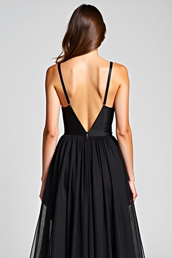 Black A Line Tulle V-Neck Long Satin Graduation Dress