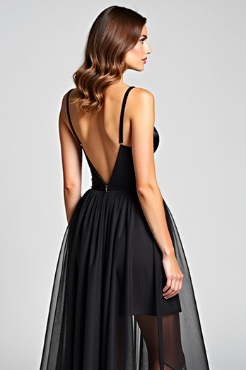 Black A Line Tulle V-Neck Long Satin Graduation Dress