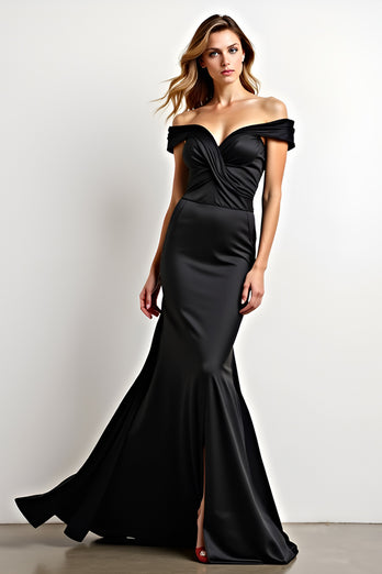 Black Mermaid Off the Shoulder Ruched Long Graduation Dress