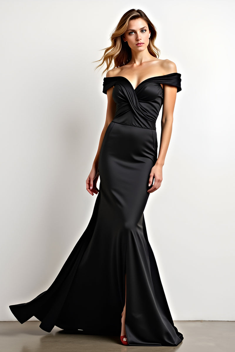 Load image into Gallery viewer, Black Mermaid Off the Shoulder Ruched Long Graduation Dress