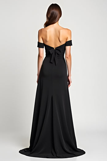 Black A Line Bow Off the Shoulder Long Graduation Dress with Slit