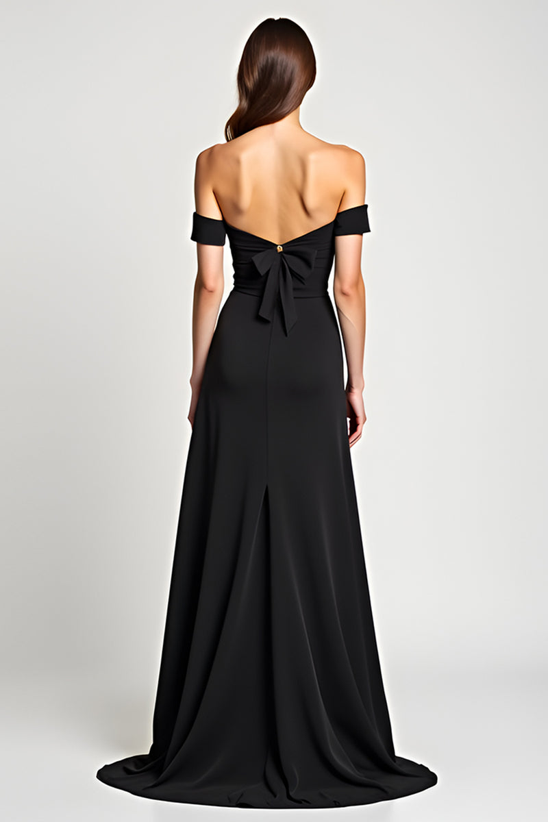 Load image into Gallery viewer, Black A Line Bow Off the Shoulder Long Graduation Dress with Slit