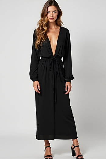 Black Deep V-Neck Long Graduation Dress with Long Sleeves