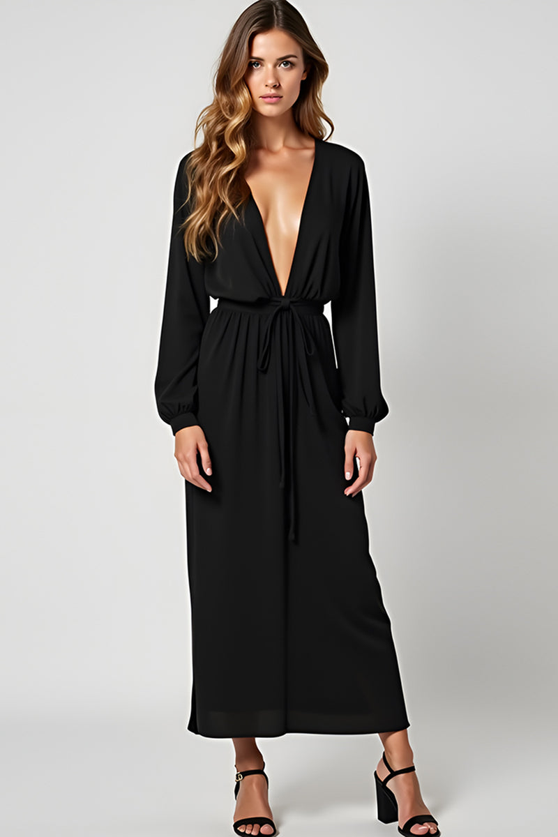 Load image into Gallery viewer, Black Deep V-Neck Long Graduation Dress with Long Sleeves