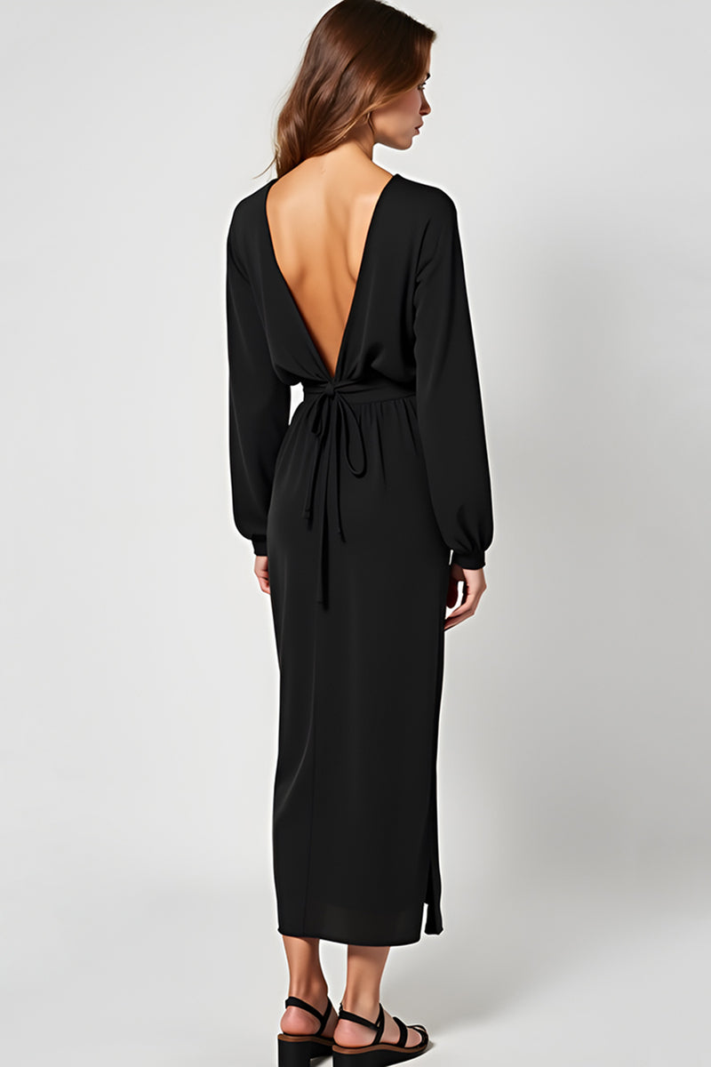 Load image into Gallery viewer, Black Deep V-Neck Long Graduation Dress with Long Sleeves