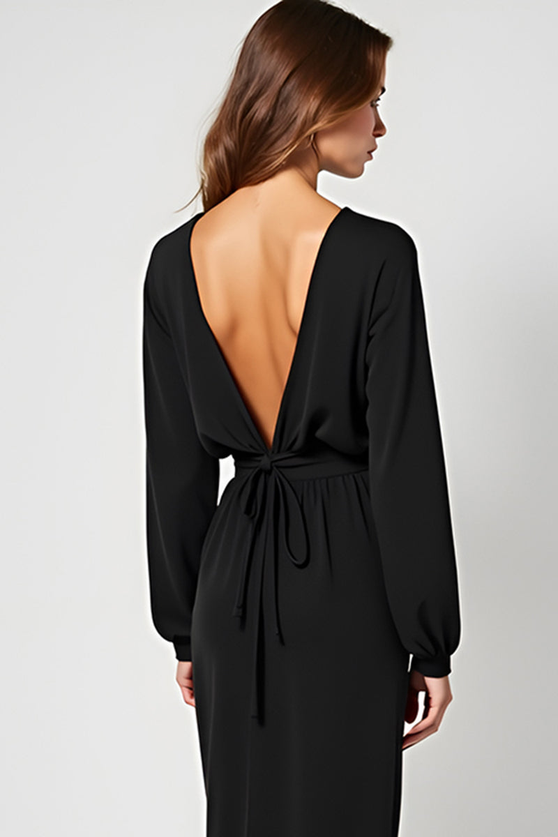 Load image into Gallery viewer, Black Deep V-Neck Long Graduation Dress with Long Sleeves