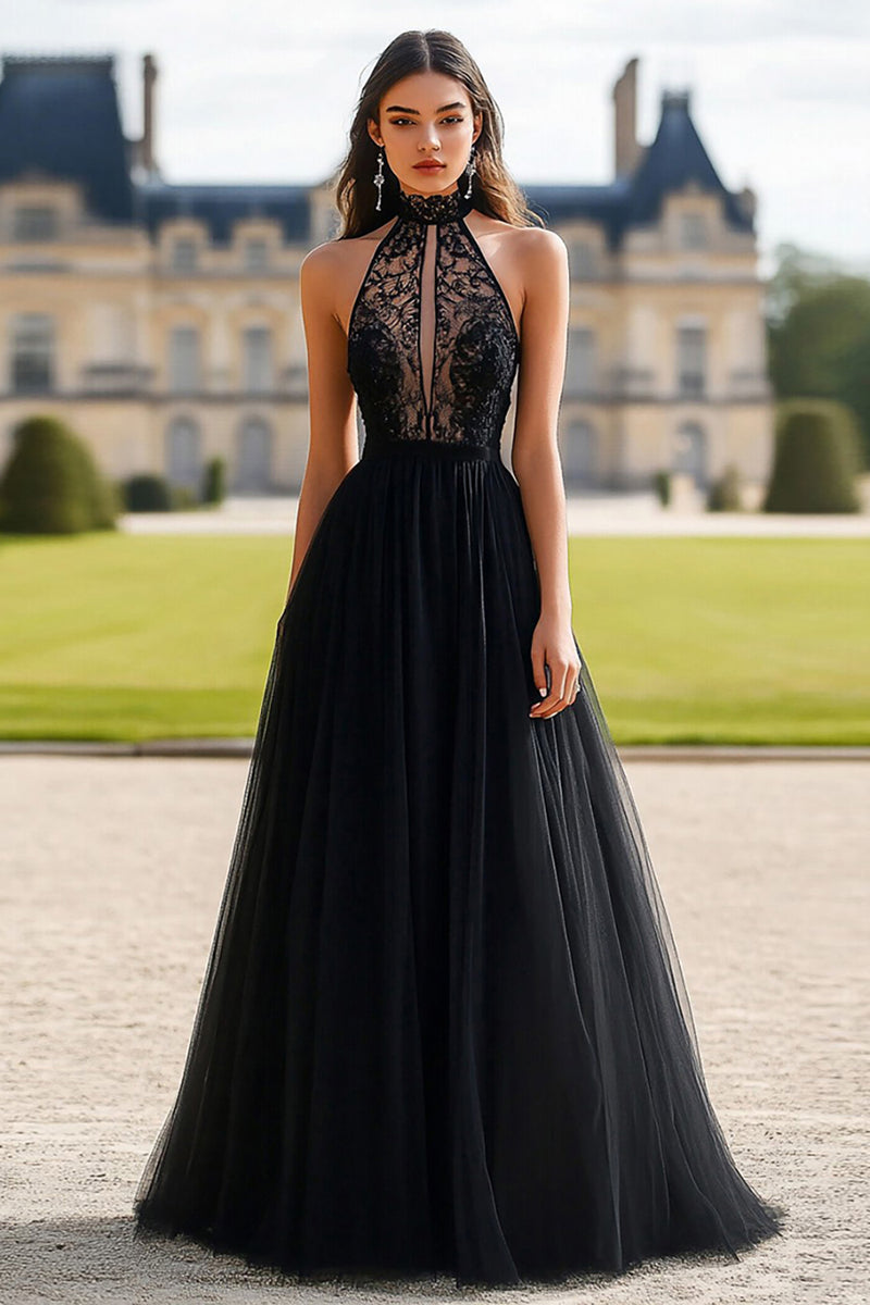 Load image into Gallery viewer, Black Halter A Line Long Prom Dress with Lace Appliques