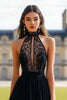 Load image into Gallery viewer, Black Halter A Line Long Prom Dress with Lace Appliques