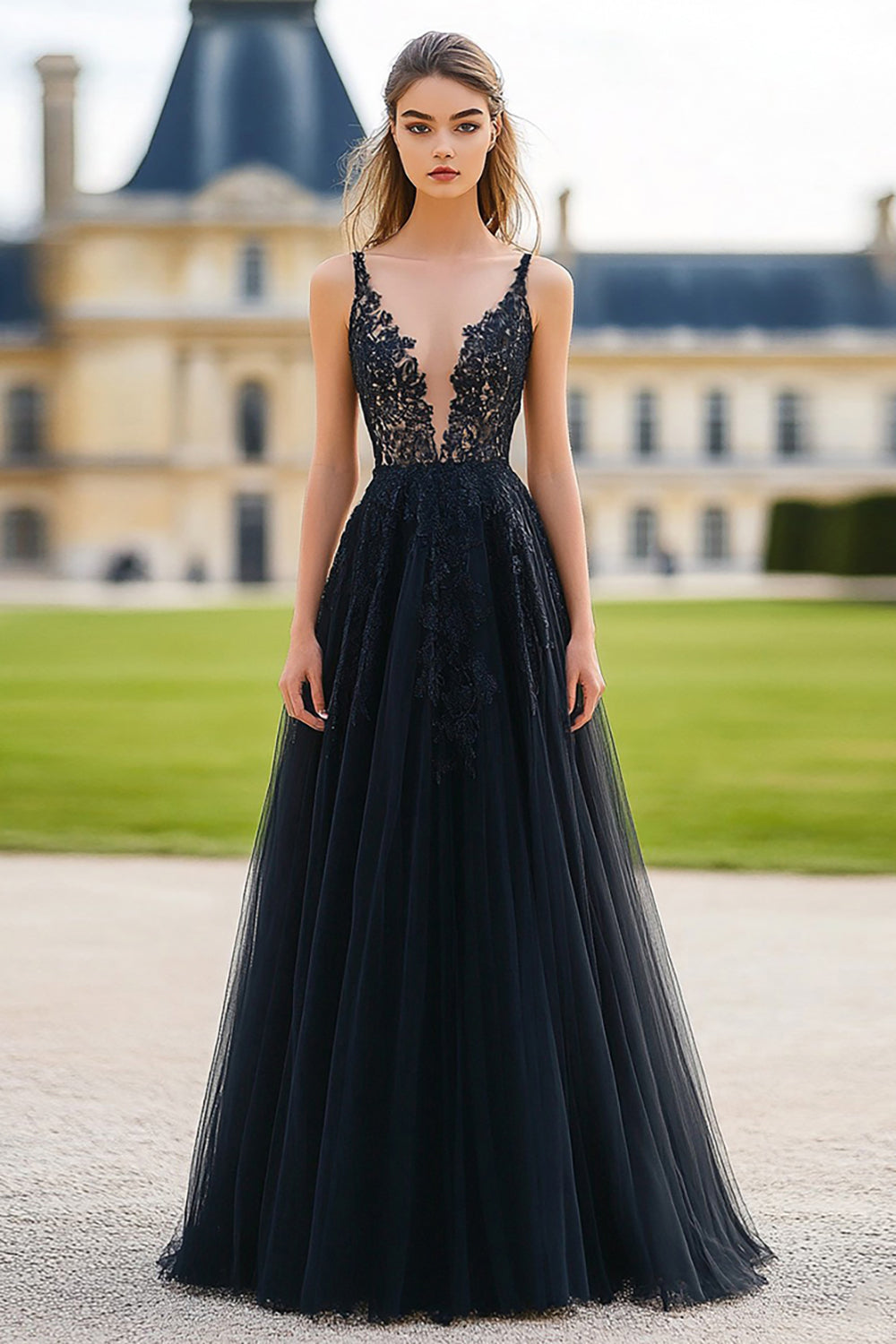 Black A Line V-Neck Long Prom Dress with Lace