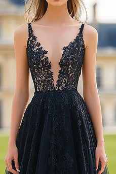 Black A Line V-Neck Long Prom Dress with Lace