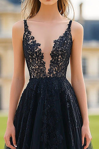 Black A Line V-Neck Long Prom Dress with Lace