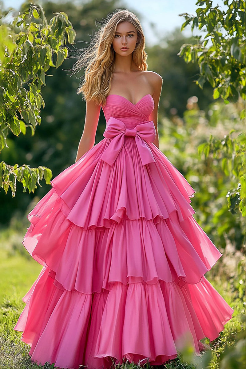 Load image into Gallery viewer, Pink Strapless Tiered A Line Prom Dress with Bowknot