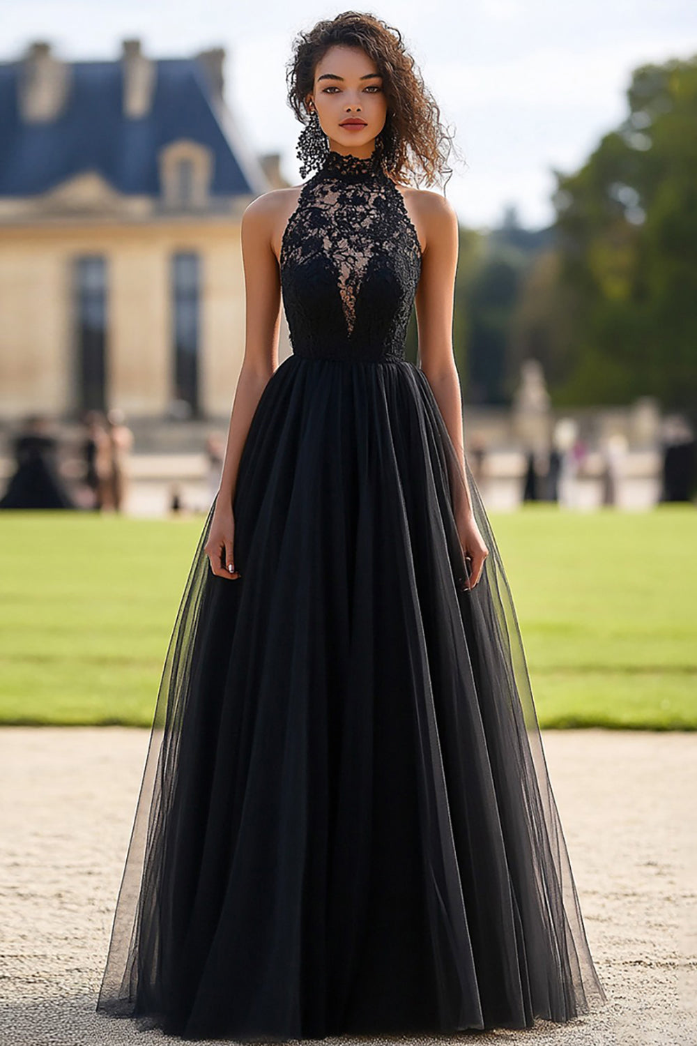 Black Halter A Line Tulle Long Prom Dress with Lace