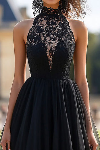 Black Halter A Line Tulle Long Prom Dress with Lace