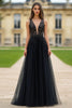 Load image into Gallery viewer, Black A Line Tulle Long Prom Dress with Lace Appliques