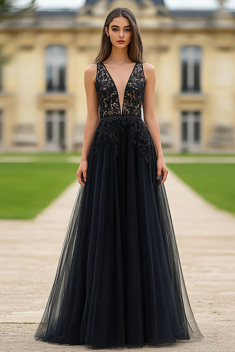 Load image into Gallery viewer, Black A Line Tulle Long Prom Dress with Lace Appliques