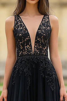 Black A Line Tulle Long Prom Dress with Lace Appliques