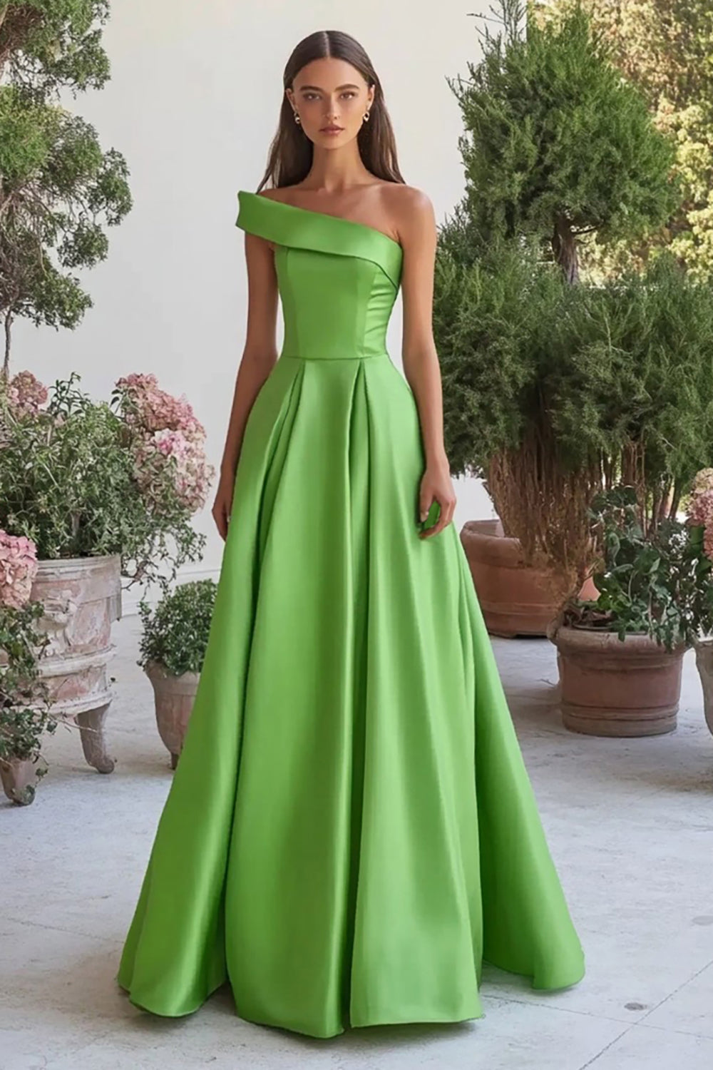 Green Satin One Shoulder Long Formal Dress