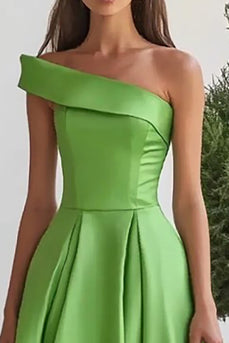 Green Satin One Shoulder Long Formal Dress