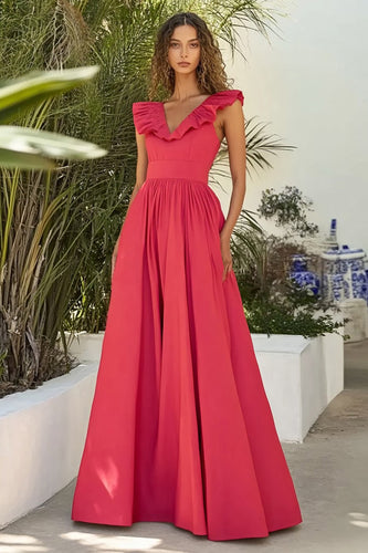 Red A Line Pleated Long Formal Dress with Ruffles