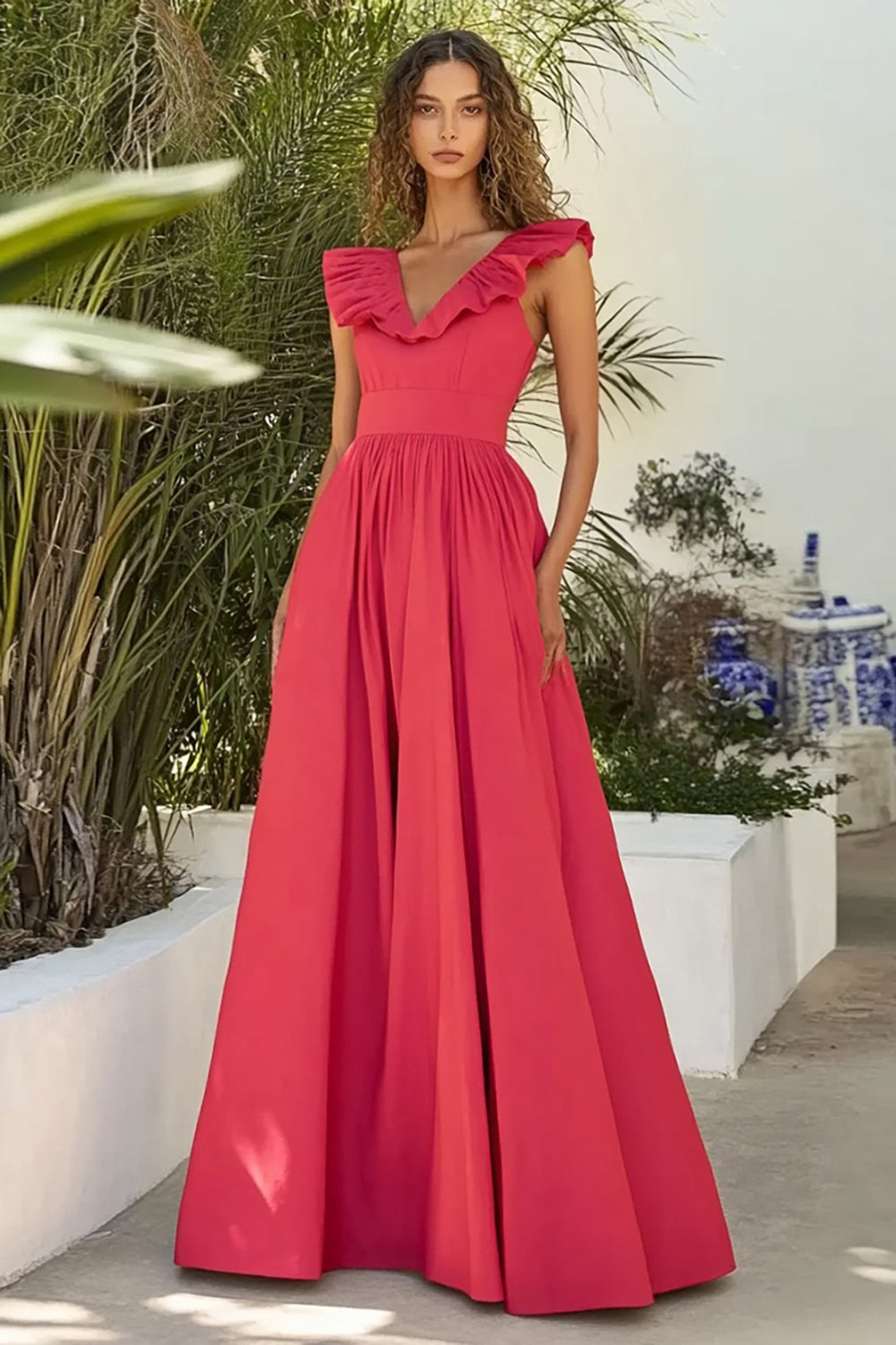 Red A Line Pleated Long Formal Dress with Ruffles