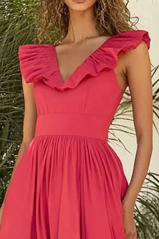 Red A Line Pleated Long Formal Dress with Ruffles