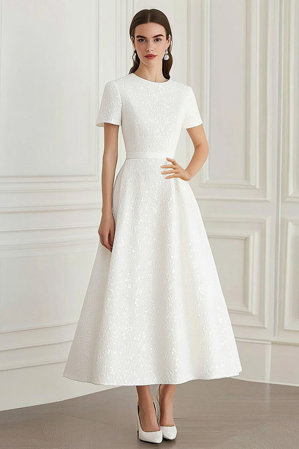 Ivory Scoop A Line Formal Dress with Short Sleeves