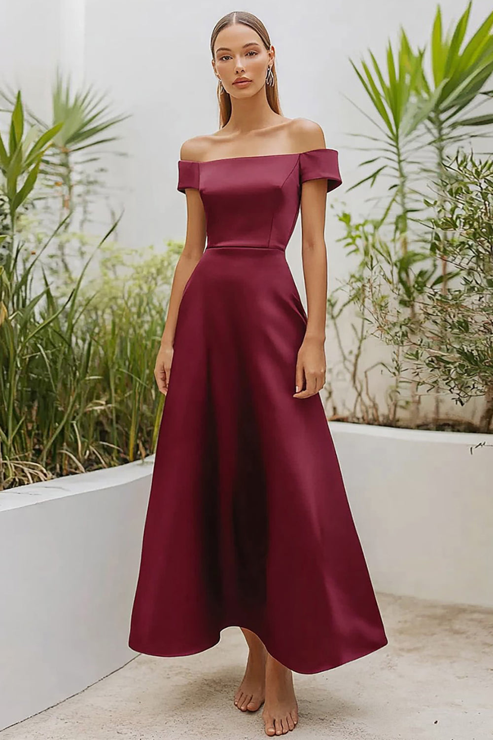 Burgundy Off the Shoulder Satin Ankle-Length Formal Dress