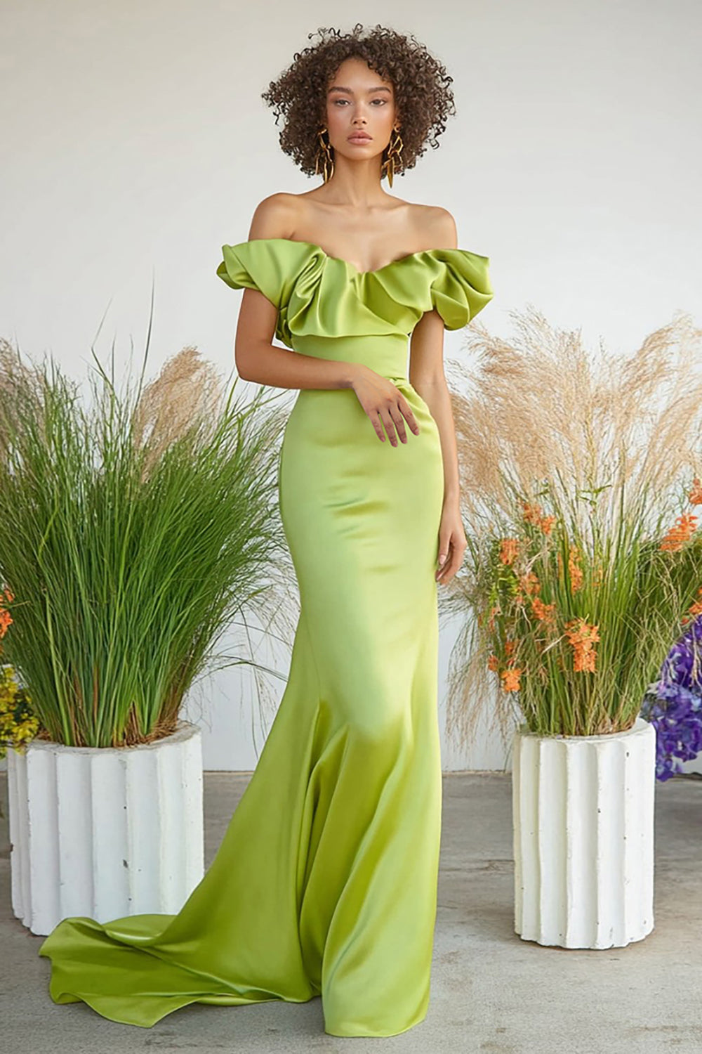 Lemon Green Off the Shoulder Sheath Long Formal Dress