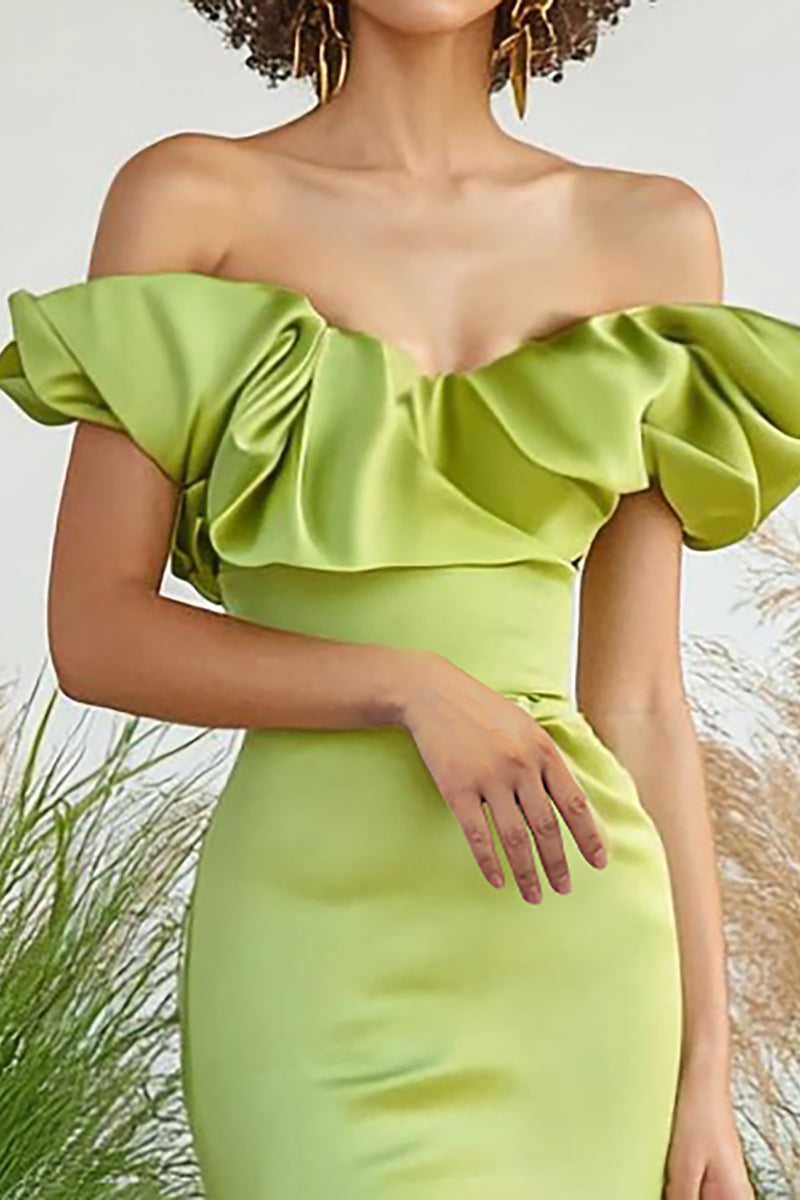 Load image into Gallery viewer, Lemon Green Off the Shoulder Sheath Long Formal Dress