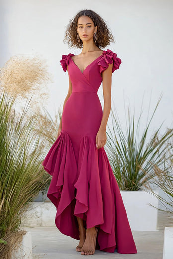 Fuchsia V-Neck Ruffled High-Low Formal Dress