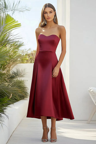 Burgundy Strapless Satin Tea-Length Formal Dress