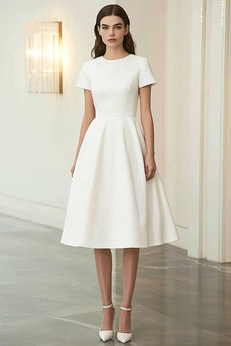 Ivory A Line Scoop Knee-Length Formal Dress with Short Sleeves