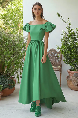 Green Off the Shoulder Satin A Line Formal Dress