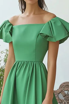 Green Off the Shoulder Satin A Line Formal Dress