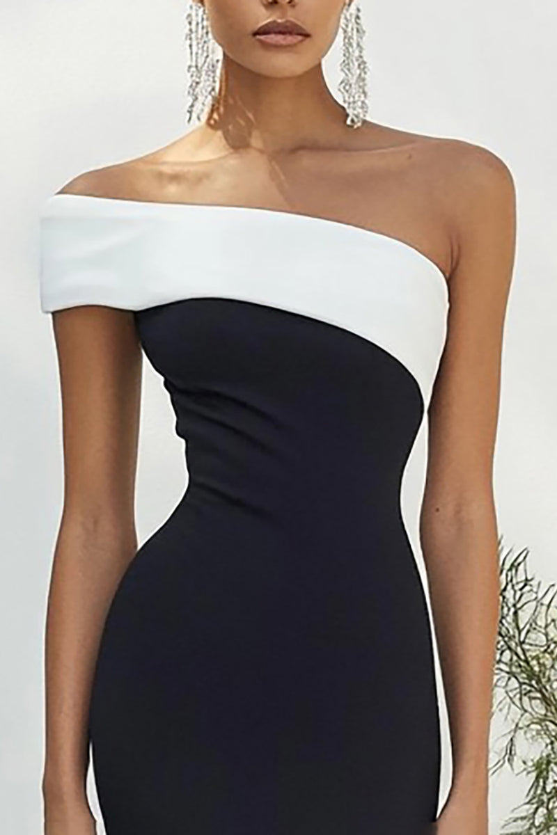 Load image into Gallery viewer, Black White Strapless Satin Long Formal Dress