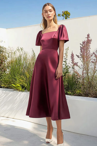 Burgundy Satin Square Neck Tea-Length Formal Dress