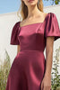 Load image into Gallery viewer, Burgundy Satin Square Neck Tea-Length Formal Dress