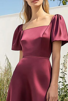 Burgundy Satin Square Neck Tea-Length Formal Dress