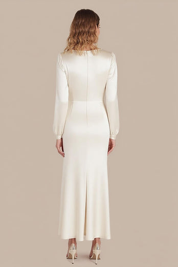 Ivory Scoop Tea-Length Formal Dress with Long Sleeves