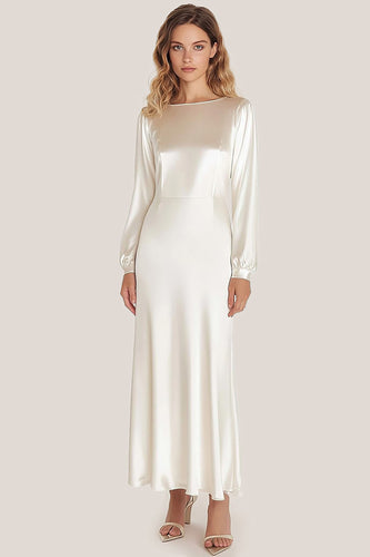 Ivory Scoop Tea-Length Formal Dress with Long Sleeves